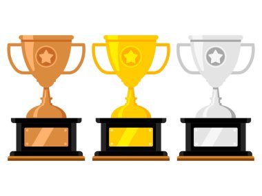 Vector set of three trophy cups: bronze, gold, and silver, with nameplates on black bases. Perfect for competition themes, award presentations, achievement graphics, and motivational content