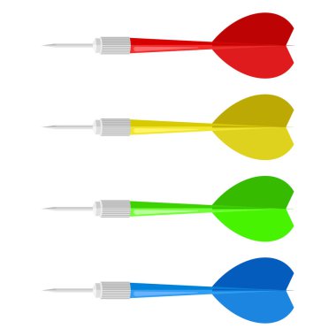 Beyaz arka planda dartlar, kırmızı, yeşil, mavi, sarı dartlar