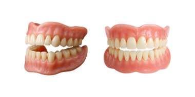 full set of upper and lower dentures on white background. Detailed dental prosthesis showing gum and tooth anatomy. Perfect for medical, dental, and educational use