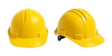 Yellow construction helmet isolated on white background. High-resolution safety gear for engineering, building industry, or workplace safety design projects