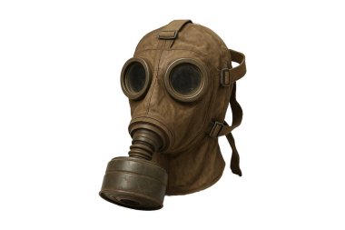 Beyaz arka planda Dünya Savaşı döneminden kalma bir gaz maskesi var. Tarihsel askeri koruyucu teçhizat, kimyasal savaş korumasında kullanılan tuval ve metalden yapılmış. Geçmiş için yüksek çözünürlüklü resim ideal