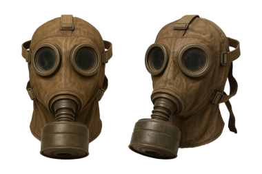 Beyaz arka planda Dünya Savaşı döneminden kalma bir gaz maskesi var. Tarihsel askeri koruyucu teçhizat, kimyasal savaş korumasında kullanılan tuval ve metalden yapılmış. Geçmiş için yüksek çözünürlüklü resim ideal