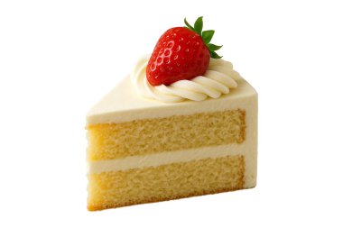 Yumuşak çırpılmış krem şantili bir dilim kabarık vanilyalı kek ve üstüne beyaz bir arka planda izole edilmiş taze kırmızı çilek. Fırın reklamları, tatlı menüleri, yemek paketleme ve tatlı temalı içerik için mükemmel.