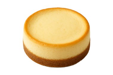 Beyaz arka planda izole edilmiş, altın kenarlı ve pürüzsüz desenli klasik yuvarlak peynirli kek. Fırın promosyonları, tatlı menüleri, gıda ambalajları ve stok gıda fotoğrafçılığı için ideal.