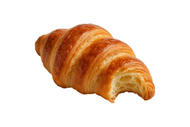 Tereyağlı kruvasan, çıtır altın katmanlı ve bir ısırık alınmış, beyaz arka planda izole edilmiş..
