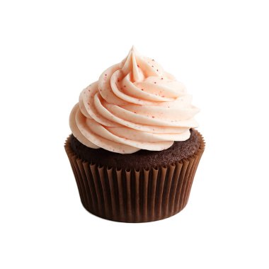 Beyaz arka planda izole edilmiş pembe kremalı çikolatalı kek, tatlı menüleri için mükemmel..