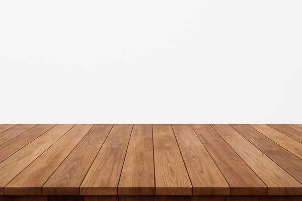 Пустой деревянный пол с белым фоном стены, идеально подходит для демонстрации продукции, макетов или презентаций дизайна. Минималистская и чистая концепция интерьера.