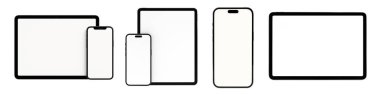 Beyaz arka planda izole edilmiş beyaz ekranlı akıllı telefonlar ve tabletler gibi modern dijital cihazlar. UI, uygulama tasarımı, web sitesi, ilgili görüntü ve teknoloji sunumu için bir model. Mobil uygulamaları göstermek için mükemmel