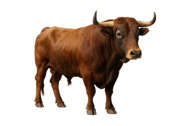 Güçlü kas yapısı ve beyaz arka planda duran keskin boynuzları olan görkemli kahverengi boğa çiftlik, çiftlik ya da çiftlik hayvanı endüstrisi teması için mükemmel. Tarım pazarlamasında ticari kullanım için yüksek çözünürlüklü hayvan fotoğrafı ideal.