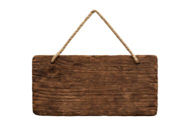 Beyaz zemin üzerinde doğal ahşap dokuya ve ip sapına sahip Rustik ahşap tabela, metin veya logo tasarımı için boş alan, restoran, kafe, dükkan veya ev için mükemmel
