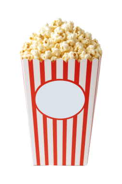 Şeffaf arka planda izole edilmiş tereyağlı patlamış mısırla dolu klasik çizgili patlamış mısır kutusu. Sinema gecesi, eğlence ve yemek reklamı için mükemmel bir atıştırmalık konsepti.