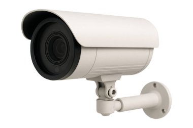 Beyaz arka planda izole edilmiş, duvar desteğine monte edilmiş modern beyaz bir CCTV güvenlik kamerası. Gözetleme, izleme ve güvenlik kavramlarını göstermek için mükemmel.