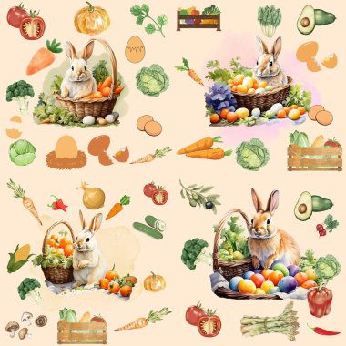 Paskalya tavşanları meyve yumurtaları çiçekler ve sebzeler suluboya resimleme