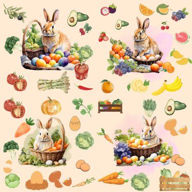 Renkli yumurta, çiçek, meyve sebzeli Paskalya ikonları için kusursuz desen.