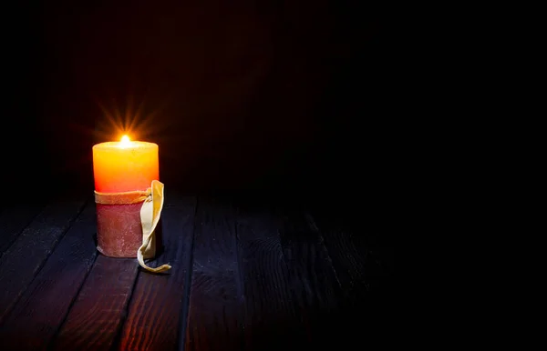 Old Candle Light Burning Rustic Wooden Table Halloween Horror Theme — Stock Photo, Image