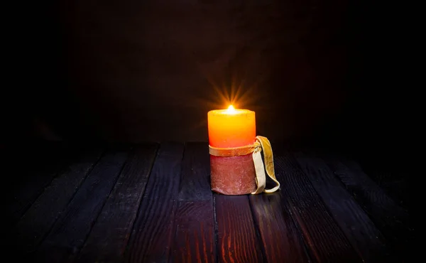 Vintage Light Candle Dark Wooden Table Copy Space Celebration Halloween — Stock Photo, Image