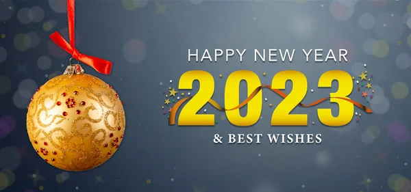 Happy New year and best wishes banner with Christmas ball handing.