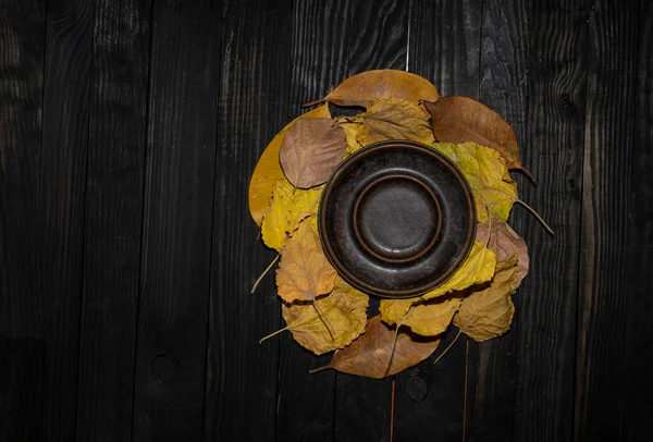 Stock image Autumn leaves on dark wood table with text space.