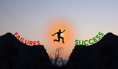 Professional jumping from failures to success conceptual with mountains.