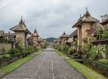 Bali 'nin Tenganan antik köyü temiz yol ve eski evlerle.