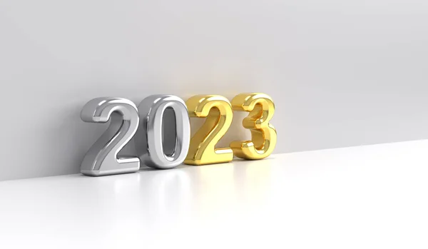 Silver Gold Metallic 2023 Text Numbers Rendered White Floor Grey — Stock Photo, Image