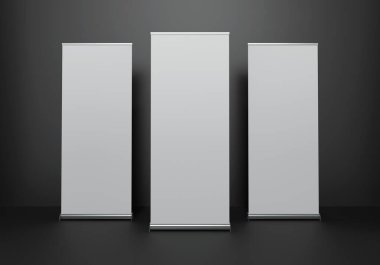Stüdyo Işıklı Karanlık Matt Black Stüdyo Sahnesinde Banner Mockup Şablonu. Beyaz Markalı Kopya Alanı. 3 Boyutlu Resim Çizimi.