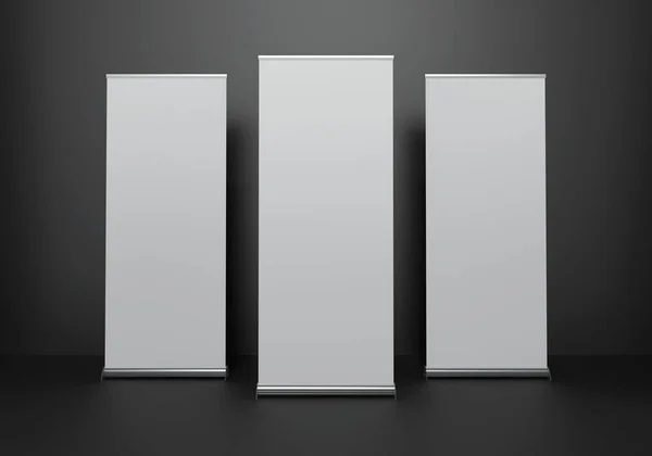 Stüdyo Işıklı Karanlık Matt Black Stüdyo Sahnesinde Banner Mockup Şablonu. Beyaz Markalı Kopya Alanı. 3 Boyutlu Resim Çizimi.