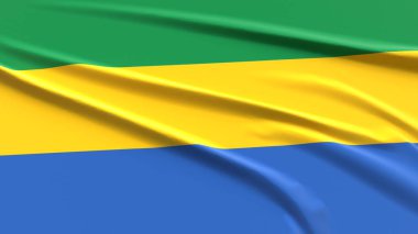 Gabon bayrağı. Kumaş desenli Gabon bayrağı. 3 Boyutlu Resim Çizimi.
