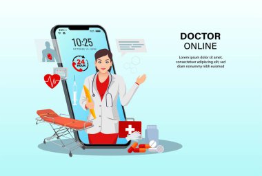 Kadın doktorla birlikte akıllı telefon uygulamasında doktor. Çevrimiçi tıbbi klinik, çevrimiçi tıbbi danışma, tele tıp. Çevrimiçi sağlık ve sağlık hizmetleri. Sosyal uzaklık. 3B vektör