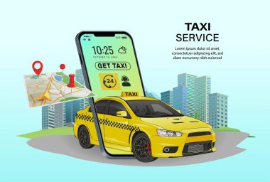 Akıllı telefon uygulamasında taksici çevrimiçi vektör çizim araba sürüş haritası. Gezici internet uygulaması için sarı araba ve konum veya navigasyon şehir haritasının taksi servisi tasarımı