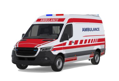 Logo simgesi ambülans arabası sanat mini otobüs tasarımı grafik vektör şablonu izole edilmiş kırmızı sprinter beyaz 3d gerçekçi hastane ekipmanı kaza kaza çıkartması çıkartma çıkartması