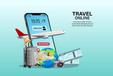 Akıllı telefondan çevrimiçi seyahat. Bir bilet ayırt. Seyahat planı. Dünya 'ya seyahat. seyahat ekipmanları ve bavullar. Seyahat ve turizm konseptiyle ilgili en iyi görünüm