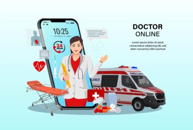 Kadın doktorla birlikte akıllı telefon uygulamasında doktor. Çevrimiçi tıbbi klinik, çevrimiçi tıbbi danışma, tele tıp. Çevrimiçi sağlık ve sağlık hizmetleri. araba 3B vektörü