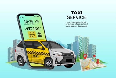 Mobil internet uygulaması gps için taksici çevrimiçi vektör ilüstrasyon araba sürüş haritası akıllı telefon uygulaması taksici servis tasarımı sarı beyaz 3d araba ve konum veya navigasyon şehir haritası