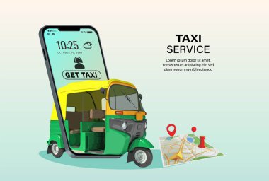 Akıllı telefon tuk servis dizaynı üzerinde taksici çevrimiçi vektör araba sürüş haritası. Gezici internet uygulaması için yeşil 3d taksi konumu şehir haritası.