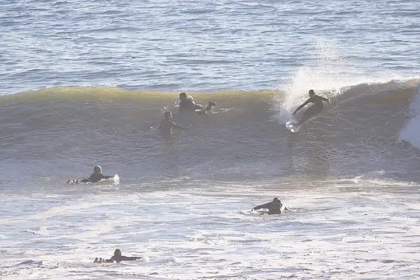 stock image Surfing big winter waves at Rincon Point in California