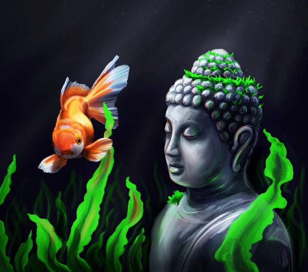 Realistic digital painting of a goldfish and a Buddha statue. Under the water, a bright golden fish and a Buddha statue, surrounded by algae, in bright colors on a dark background.