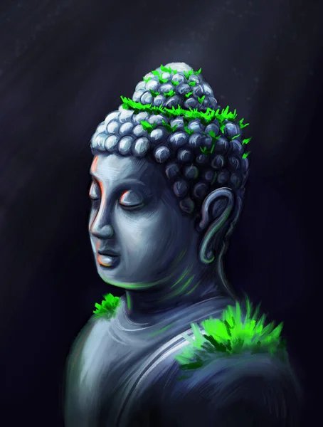 Realistic digital painting of a Buddha statue. Under the water a Buddha statue on a dark background.