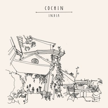 Koçin (Koçi), Kerala, Güney Hindistan kartpostalı. Sahil şeridi kafeterya seyahati çizimi. Fort Kochi 'deki bahçede miras binası, masalar ve tropikal bitkiler. Tarihi mekan