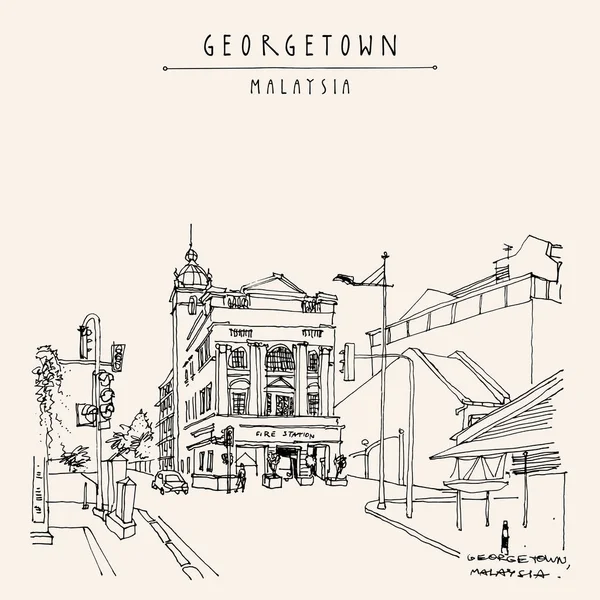 Georgetown Penang Malezya Güneydoğu Asya Kartpostalı Merkez Itfaiye Binası Çizimi — Stok Vektör