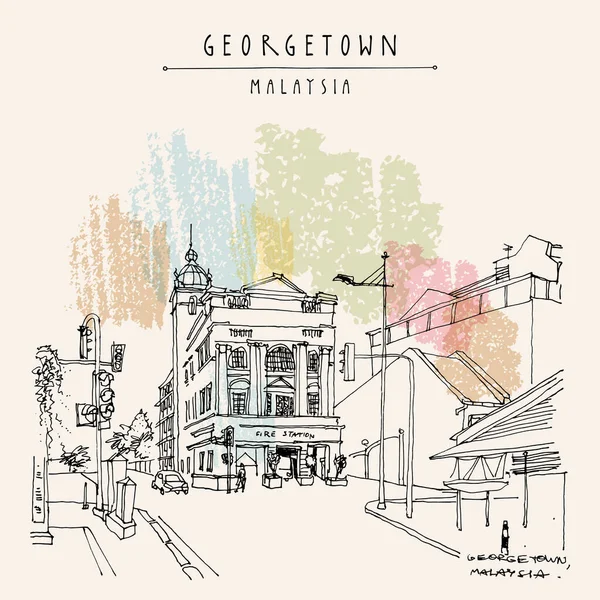 Georgetown Penang Malezya Güneydoğu Asya Kartpostalı Merkez Itfaiye Binası Çizimi — Stok Vektör