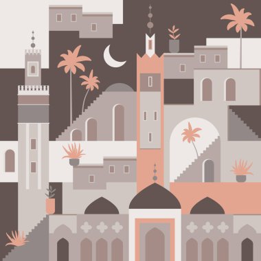 Vector soyut Orta Doğu kasabası düz çizimi. Kusursuz mimari desen. Fas 'ta camiden, kuleden, evden, bitkilerden, palmiye ağaçlarından ilham alınmış dijital kağıtlar var. Ramadhan Geometrik desen