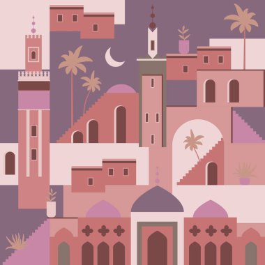 Vector soyut Orta Doğu kasabası düz çizimi. Kusursuz mimari desen. Fas 'ta camiden, kuleden, evden, bitkilerden, palmiye ağaçlarından ilham alınmış dijital kağıtlar var. Ramadhan Geometrik desen