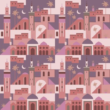 Vector soyut Orta Doğu kasabası düz çizimi. Kusursuz mimari desen. Fas 'ta camiden, kuleden, evden, bitkilerden, palmiye ağaçlarından ilham alınmış dijital kağıtlar var. Ramadhan Geometrik desen