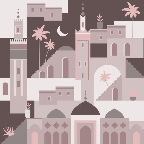 Vector Abstracte Midden Oosten Stad Platte Illustratie Naadloos Architectuurpatroon Marokko — Stockvector