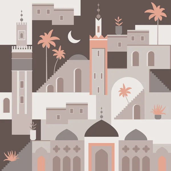 Vector Abstracte Midden Oosten Stad Platte Illustratie Naadloos Architectuurpatroon Marokko — Stockvector