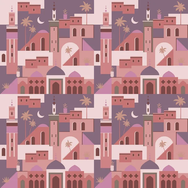 Vector abstract Middle Eastern town flat illustration. Seamless architecture pattern. Morocco inspired digital paper with mosque, tower, house, plants, palm trees. Ramadhan travel geometric pattern