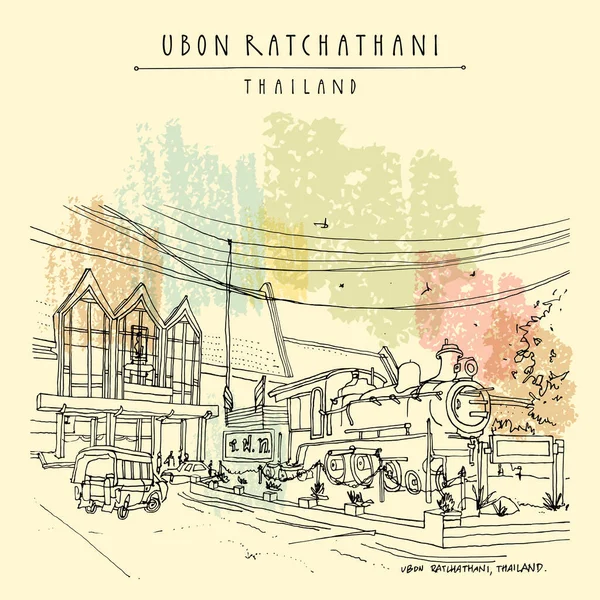 Ubon Ratchathani Thailand Postkarte Bahnhof Und Alte Lokomotive Historische Gebäude — Stockvektor