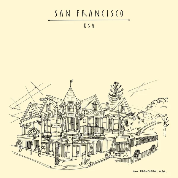 San Francisco California Usa Vintage Hand Drawn Postcard Poster Trolleybus — Vetor de Stock