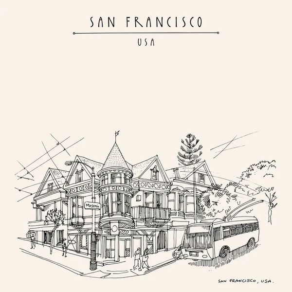 San Francisco California Usa Vintage Hand Drawn Postcard Poster Trolleybus —  Vetores de Stock